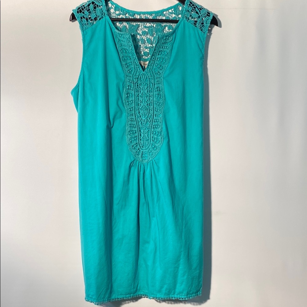 Soma Green/Blue V-Neck Sleeveless Mini Sundress with crochet trims.